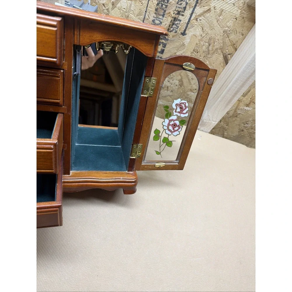 Vtg 80s Gunther Mele Dresser Top Jewelry Armoire box; Floral Painted Glass Door - Picture 8 of 12